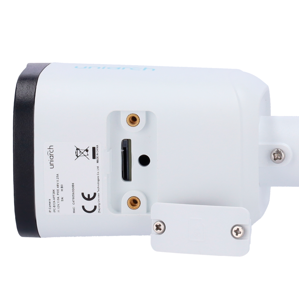 parte inferior Cámara de vigilancia Uniarch UV-IPC-B124-APF28K - Cámara Bullet IP 4MP con lente 2.8 mm, visión nocturna de 30m y resistencia IP67.