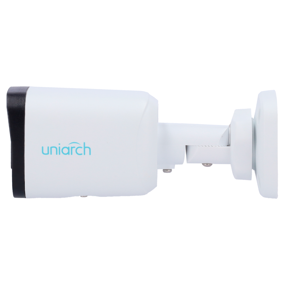 lateral Cámara de vigilancia Uniarch UV-IPC-B124-APF28K - Cámara Bullet IP 4MP con lente 2.8 mm, visión nocturna de 30m y resistencia IP67.