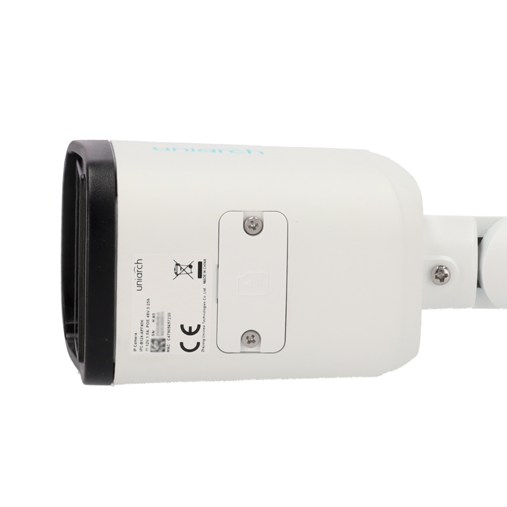 parte inferior de Cámara de vigilancia Uniarch UV-IPC-B124-APF40K - Cámara Bullet IP 4MP con visión nocturna de 30m, PoE y resistencia IP67.