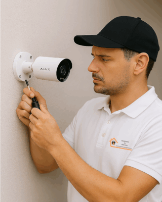 Profesional instalando camara de videovigilancia Ajax